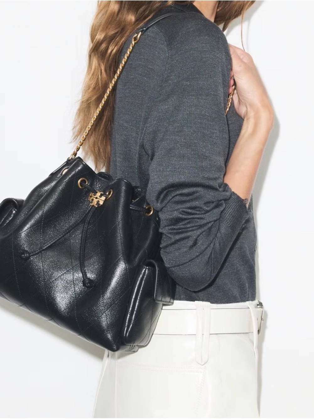 Tory Burch Charlie Black Quilted Leather Drawstring Shoulder Bag Small - Picture 9 of 9